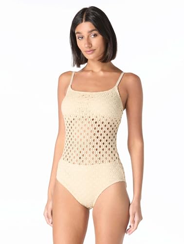 Carmen Marc Valvo Crochet Scoop Neck One Piece, Clay,4 Beige at